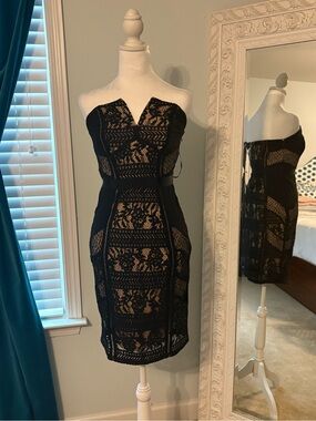 Adelyn Rae Black Lace Strapless Sheath with Nude Underlay